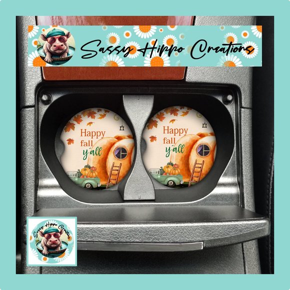 Car Coasters Happy Fall Y'all Autumn Leaves Pumpkin Truck Set of 2 Neoprene - Picture 1 of 5